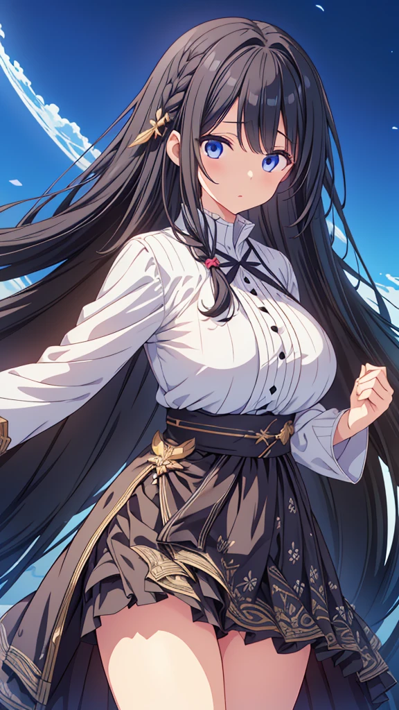 best quality, extremely detailed,anime style girl,long hair down to the waist, straight hair, ((dark black hair with bluish)),braid,beautiful detailed eyes, pinched eyes, (dark blue eyes),huge breasts,curvy,fantasy white casual clothing,Clothing with complex patterns,hair ornament,fantasy street,cool expression,dynamic angle