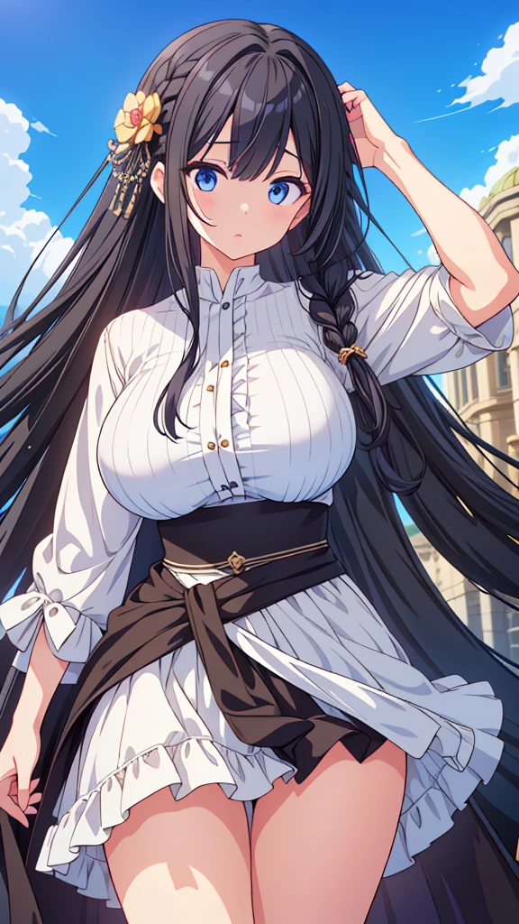 best quality, extremely detailed,anime style girl,long hair down to the waist, straight hair, ((dark black hair with bluish)),braid,beautiful detailed eyes, pinched eyes, (dark blue eyes),huge breasts,curvy,fantasy white casual clothing,Clothing with complex patterns,hair ornament,fantasy street,cool expression,dynamic angle