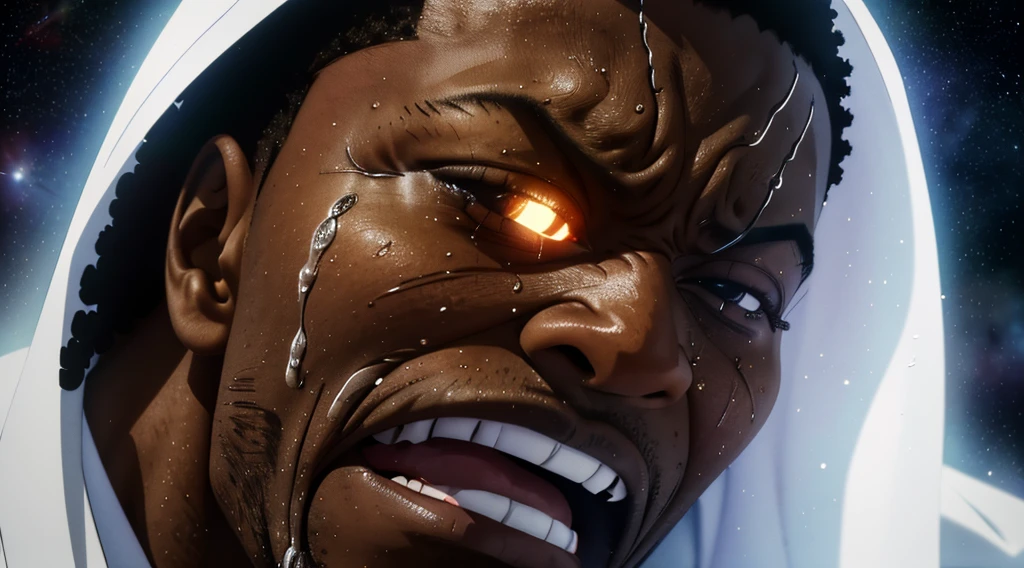 "A black man screaming in pain and suffering, with an expression of deep agony and despair. His face and body show an intensity of pain that seems to be the deepest in the entire universe., with tears in your eyes and tense muscles. The image should capture the exact moment when the pain reaches its peak, conveying a visceral and powerful sense of suffering."