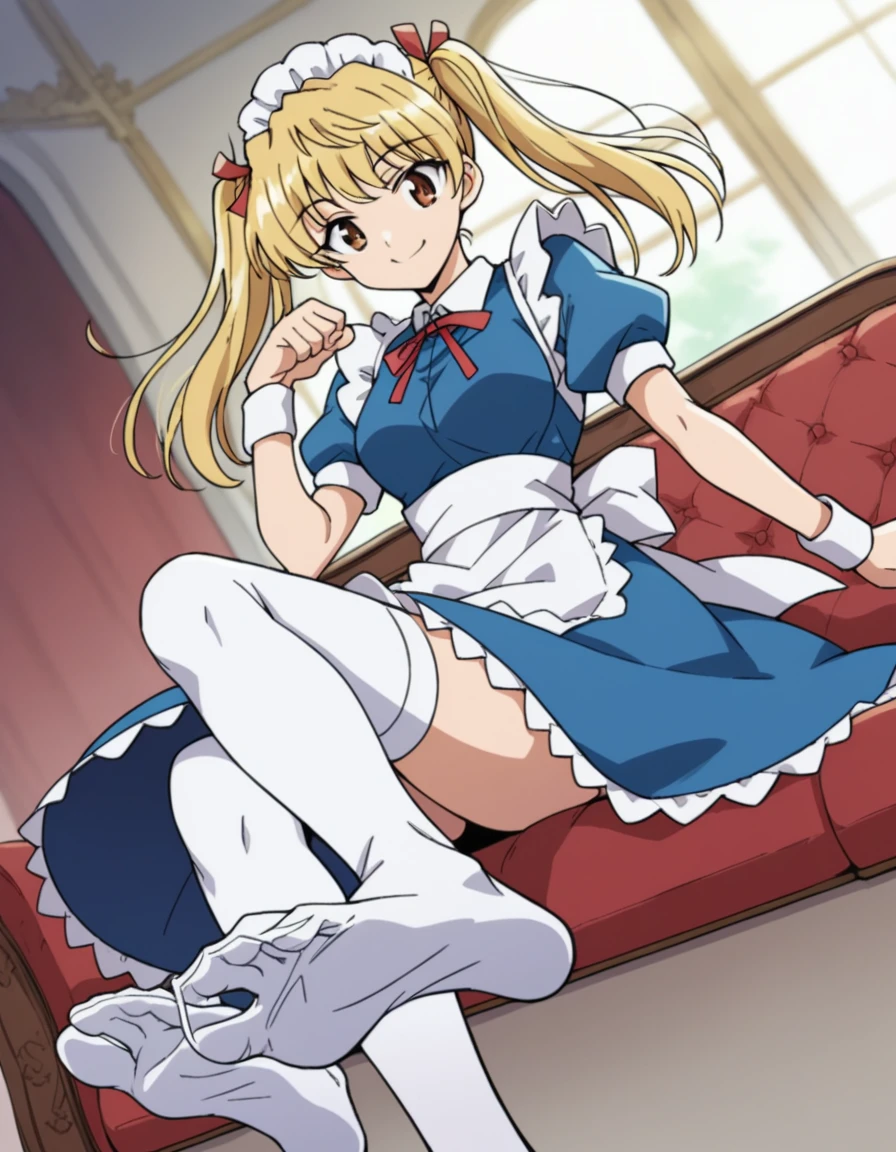 sawachika eri, twintail,sawachika eri, twintails, long hair, blonde hair, brown eyes, hair ribbon,smile, hair ribbon,, bob cut, smile, maid, blue dress, maid apron, maid headdress, red neck ribbon, puffy short sleeves, white wristband, white thighhighs, dutch angle, score_9, score_8_up, score_7_up, score_6_up, anime coloring,Seated pose, focus on soles of feet.crossed-leg