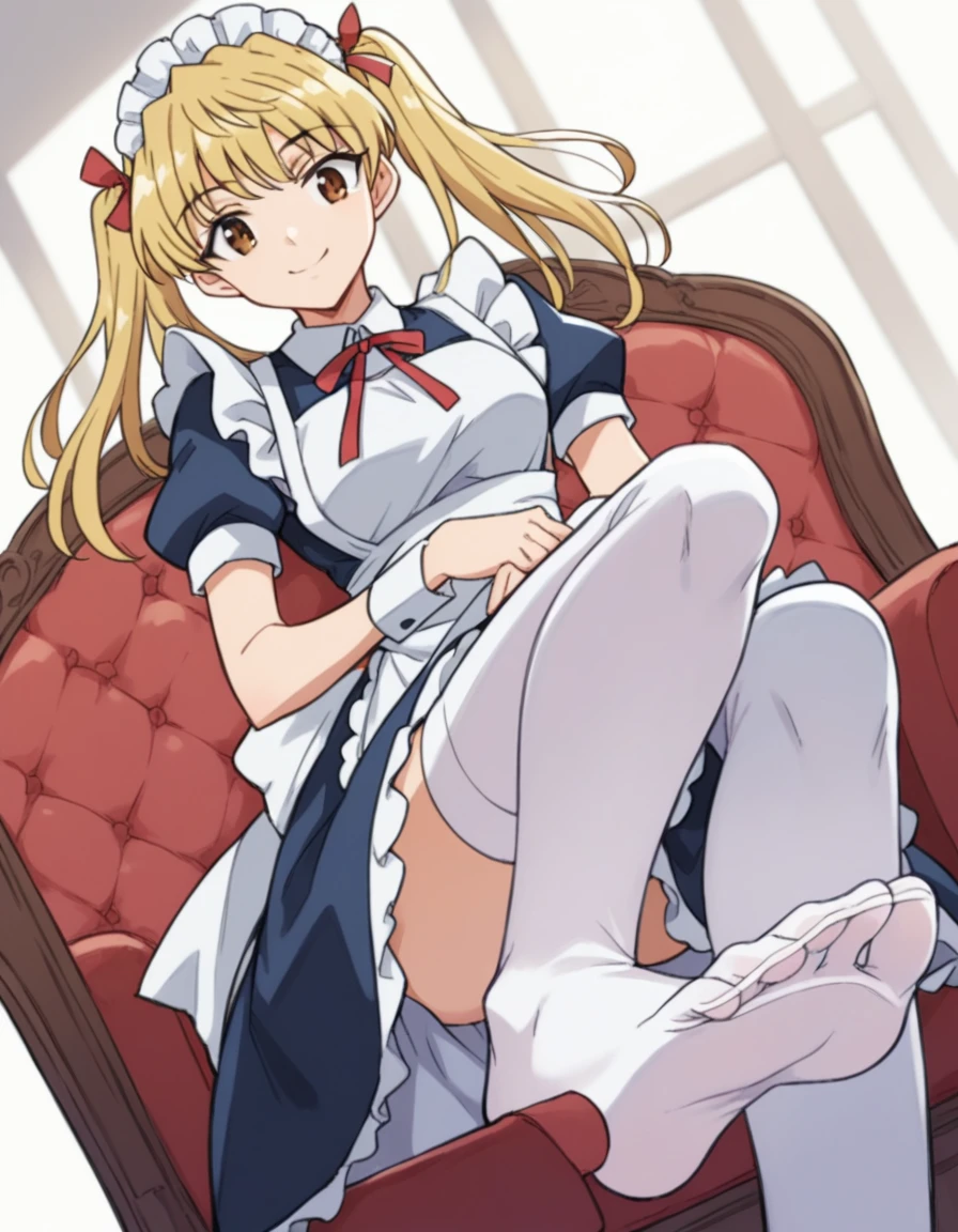 sawachika eri, twintail,sawachika eri, twintails, long hair, blonde hair, brown eyes, hair ribbon,smile, hair ribbon,, bob cut, smile, maid, blue dress, maid apron, maid headdress, red neck ribbon, puffy short sleeves, white wristband, white thighhighs, dutch angle, score_9, score_8_up, score_7_up, score_6_up, anime coloring,Seated pose, focus on soles of feet.crossed-leg