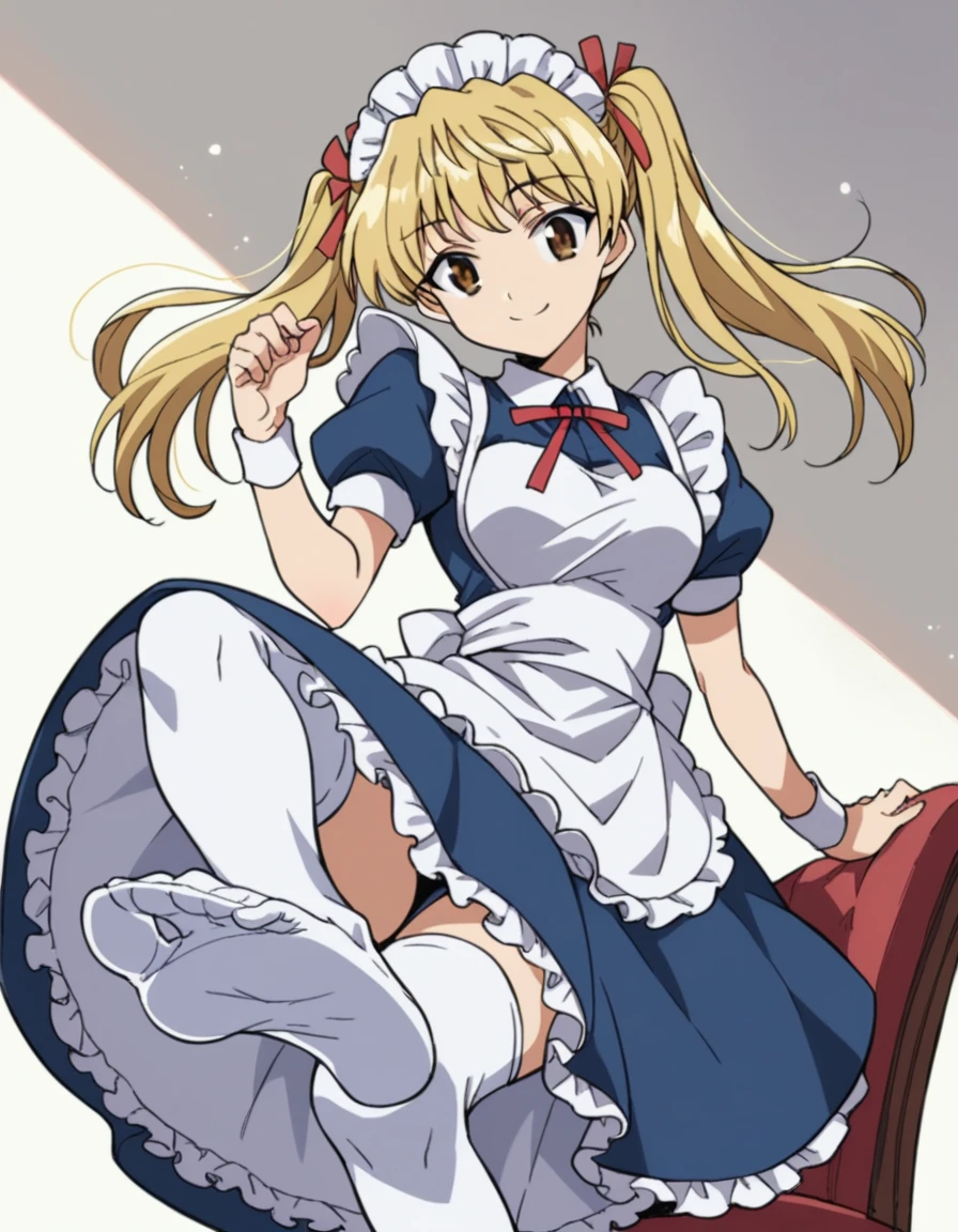 sawachika eri, twintail,sawachika eri, twintails, long hair, blonde hair, brown eyes, hair ribbon,smile, hair ribbon,, bob cut, smile, maid, blue dress, maid apron, maid headdress, red neck ribbon, puffy short sleeves, white wristband, white thighhighs, dutch angle, score_9, score_8_up, score_7_up, score_6_up, anime coloring,Seated pose, focus on soles of feet.crossed-leg