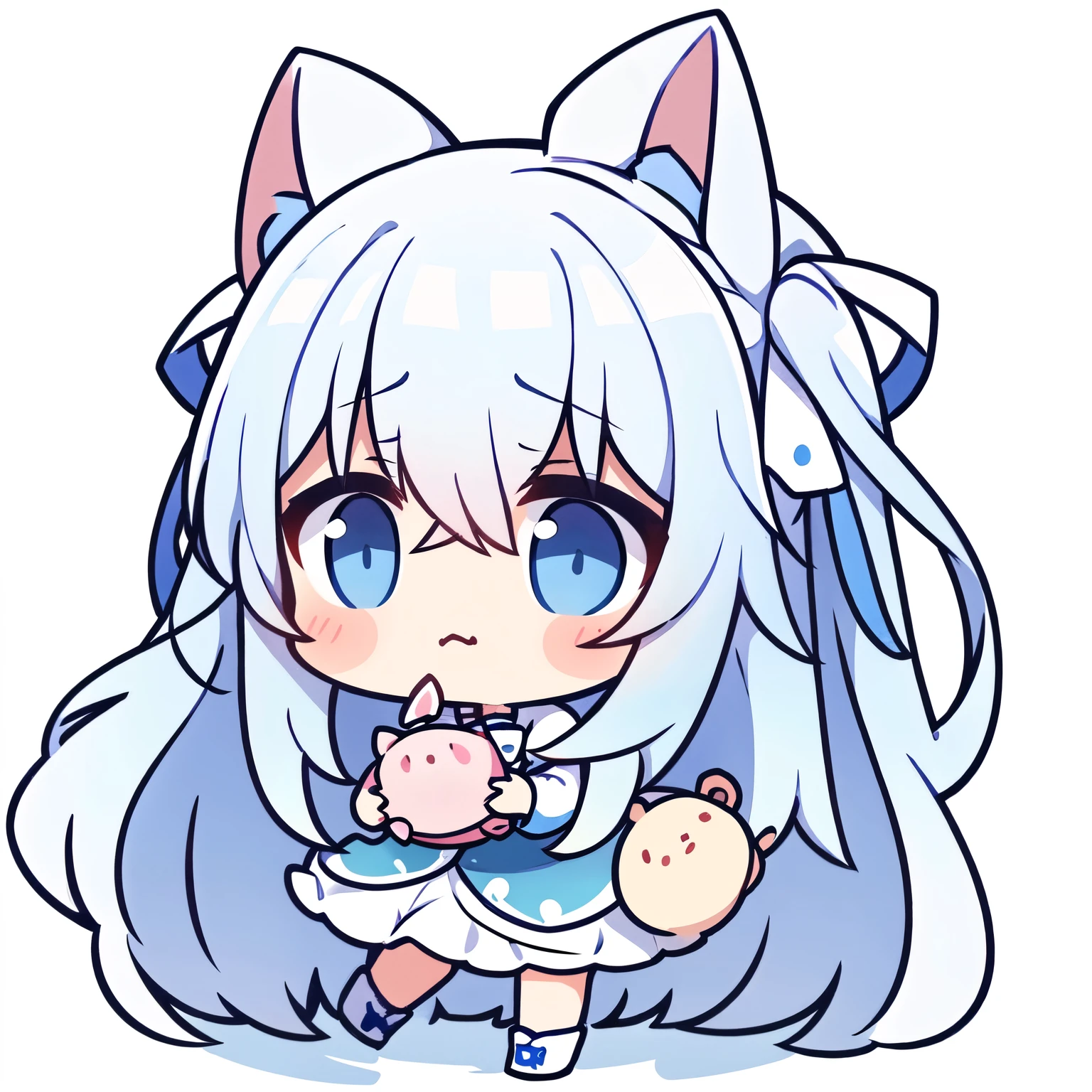 masterpiece,best quality,girl,Long hair,Pig head,Messy hair,Blue and White Ombre Hair,White background,A sad expression,Sad expression,详细的girl头像,Third view,9 emoticons,Three quarter side,unhappy