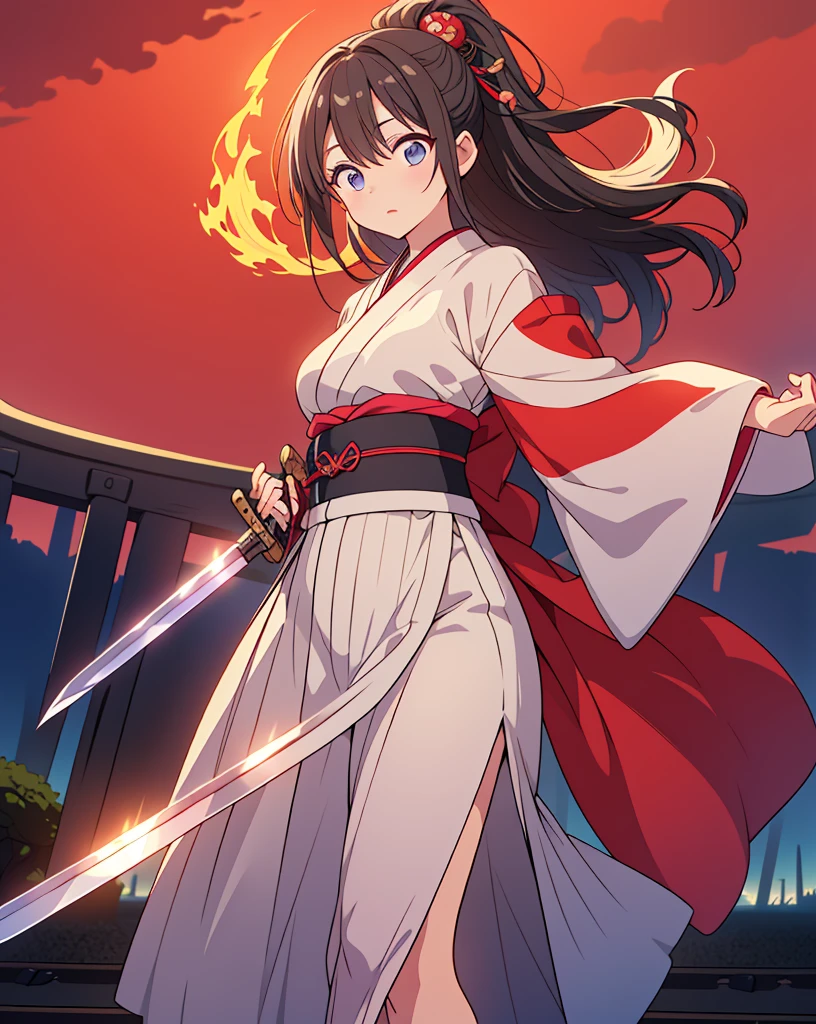 (Highest quality, 32k, High resolution, Masterpiece:1.5, ), god々It has a brilliant shine and the power to exorcise demons., One Girl, Put your inner strength into the sword and exorcise the darkness., Expressing emotions, Have a rich imagination, Beautiful Japanese Girls, Perfect Human Anatomy, Magical big eyes, Motherhood and generosity, Deep Love, Fleeting Expression, Shiny black hair, Ponytail swaying in the wind, Asymmetrical bangs, Hair between the eyes, Transparent, soft white skin, Sharp eyebrows, Thin lashes, Natural Makeup, Cheek highlighter, Detailed and cute lips, ((Swordsman with a Japanese sword:1.4)), ((Red sky and flame background:1.1)), Slim figure with ample breasts, Beautifully detailed skies, ((Standing on the tracks that stretch to the horizon:1.2)), god秘的