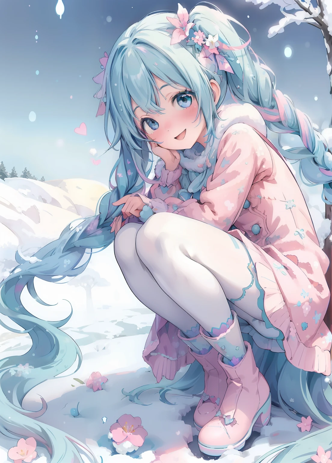(masterpiece、Highest quality、Highest quality、Official Art、Beautiful and beautiful:1.2)、(One girl:1.3)Hatsune Miku、Twin tails,Beautiful breasts,Stand in front of the photo、1 girl in,whole body,a short bob, But long braids, rainbow colored hair,long boots,Open mouth and big smile、pose kawaii、Fluid iridescent seat、Wearing colored pantyhose、above the face、I look up、Colorcon with heart pattern、flowered dress、Pose with the snowman、snowscape、season!!: Winters☀ 🍂