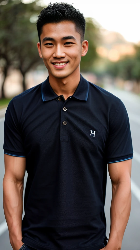 Thai man ,man，He is about 30 years old..，Rough and handsome appearance，large breastsj，Big waistline，buzz cut, angry, sullen, best quality, Masterpiece，（Have muscles：4.5），(best quality,high resolution,Masterpiece:1.2),The eyes are natural and delicate..,1 person,alone,gay asian,muscle,Long legs,brave,short hair details,conjunctivitis ,strong,brown eyes, (outdoor background road :1.5)，in the market，sit (dark blue polo shirt:1.3),Jeans ,smile