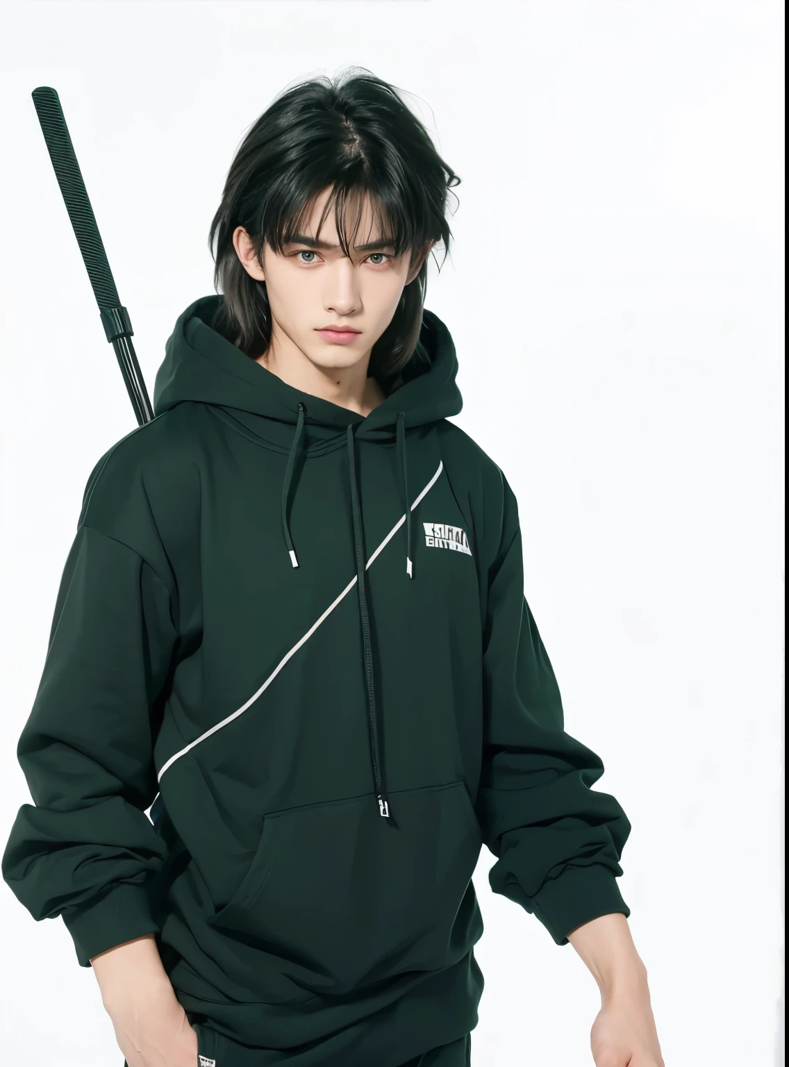 Handsome boy, Mullet hair style, black hair, ( green eyes 2.1 ) Wearing a black hoodie, 16 year old 