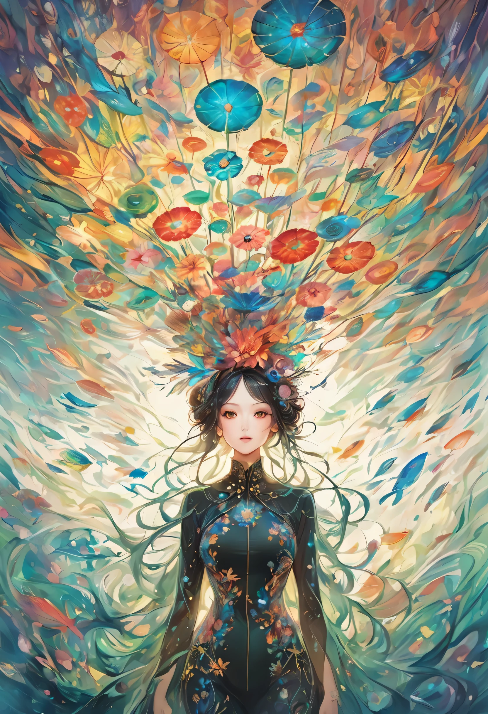 (superwide shot:1.4), Abstract steampunk deep sea, (Flower Art:1.2), Deep Sea Paintings、Darkness of the Deep Sea、formal、masterpiece、Silent Deep Sea、A small image of a woman wearing a black diving suit、School of small colorful fish、school of fish、margin、Faint Light Art Station Trends、Jothan Gonzalez and Rop、James Jean、Victon Gai、David Rabun、Mike Mignola、Laurie Lee、Detailing、The highest masterpiece、Ultra high definition、Top Quality、Millefiori glass style、spirit of the wind、
