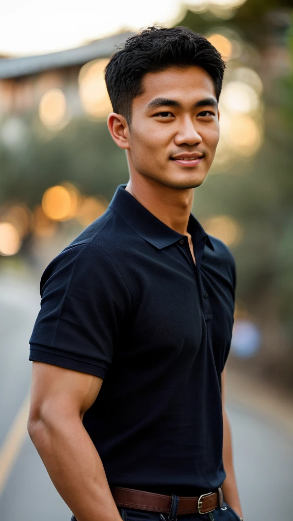Thai man ,man,He is about 30 years old..,Rough and handsome appearance,large breastsj,Big waistline,buzz cut, angry, sullen, best quality, Masterpiece,(Have muscles:4.5),(best quality,high resolution,Masterpiece:1.2),The eyes are natural and delicate..,1 person,alone,gay asian,muscle,Long legs,brave,short hair details,conjunctivitis ,strong,brown eyes, (outdoor background road :1.5),in the market,sit (dark blue polo shirt:1.3),Jeans ,smile