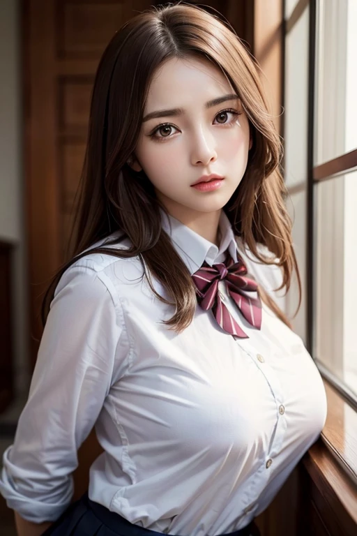 1 female,Brown Hair, ,((Anxious expression)),(((uniform)))、Beautiful breasts,stylish,,(I'm looking forward to)(((blush、Surprised expression)),(((Braiding))),((( Full body portrait)))Frameless Glasses、bangs