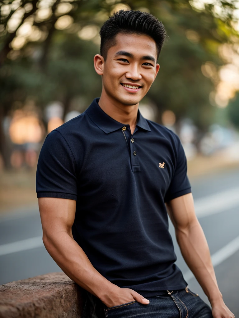 Thai man ,man,He is about 30 years old..,Rough and handsome appearance,large breastsj,Big waistline,buzz cut, angry, sullen, best quality, Masterpiece,(Have muscles:4.5),(best quality,high resolution,Masterpiece:1.2),The eyes are natural and delicate..,1 person,alone,gay asian,muscle,Long legs,brave,short hair details,conjunctivitis ,strong,brown eyes, (outdoor background road :1.5),in the market,sit (dark blue polo shirt:1.3),Jeans ,smile