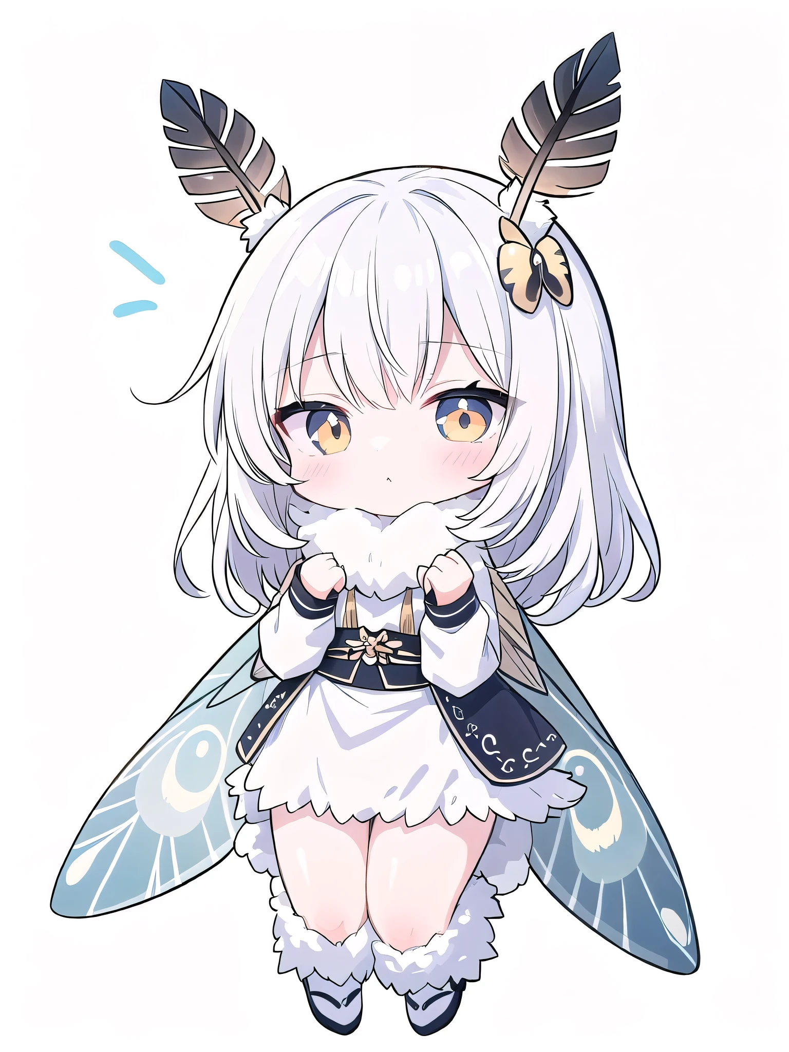 mothgirlcpt, moth antennae, moth wings, 独奏, 1girl, drooping tactile sensation、cute、fluffy、Light production、Silkworm moth,((beautiful feathers)),Colorful background.chibi