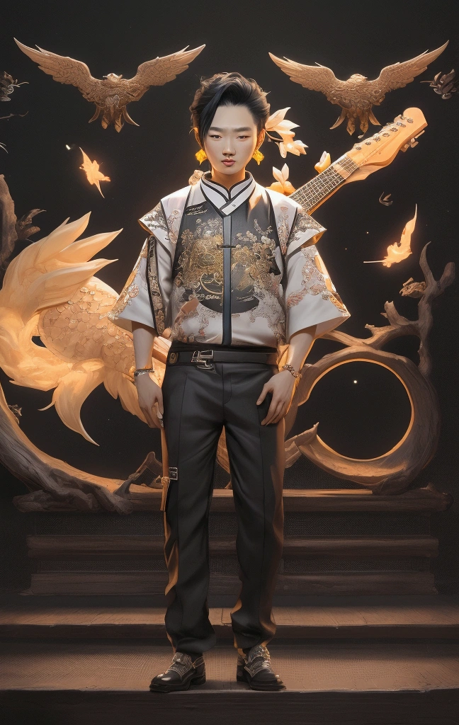 chibi, niji, a man standing on a stage with a guitar in his hand, on the stage, on stage, performing on stage, inspired by Ding Guanpeng, inspired by Ding Yunpeng, john jude palencar, mark lee, inspired by Marshall Arisman, inspired by Pablo Carpio, inspired by Chen Chi, inspired by Huang Gongwang, inspired by Zhou Chen