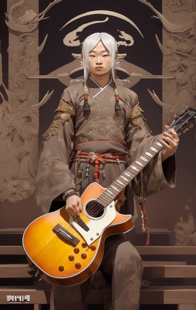 chibi, niji, a man standing on a stage with a guitar in his hand, on the stage, on stage, performing on stage, inspired by Ding Guanpeng, inspired by Ding Yunpeng, john jude palencar, mark lee, inspired by Marshall Arisman, inspired by Pablo Carpio, inspired by Chen Chi, inspired by Huang Gongwang, inspired by Zhou Chen
