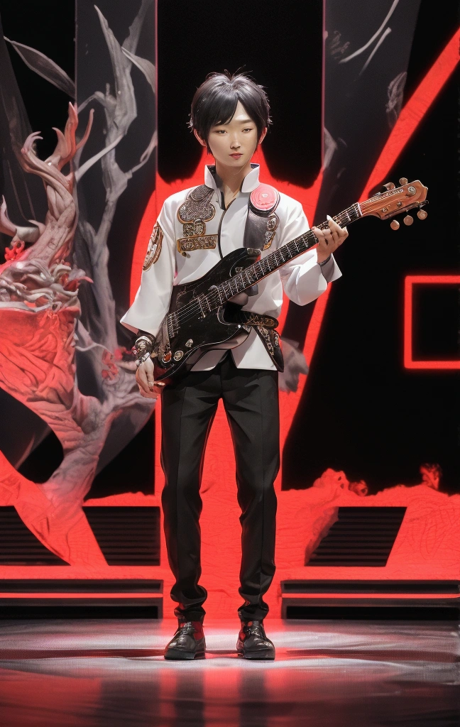 chibi, niji, a man standing on a stage with a guitar in his hand, on the stage, on stage, performing on stage, inspired by Ding Guanpeng, inspired by Ding Yunpeng, john jude palencar, mark lee, inspired by Marshall Arisman, inspired by Pablo Carpio, inspired by Chen Chi, inspired by Huang Gongwang, inspired by Zhou Chen