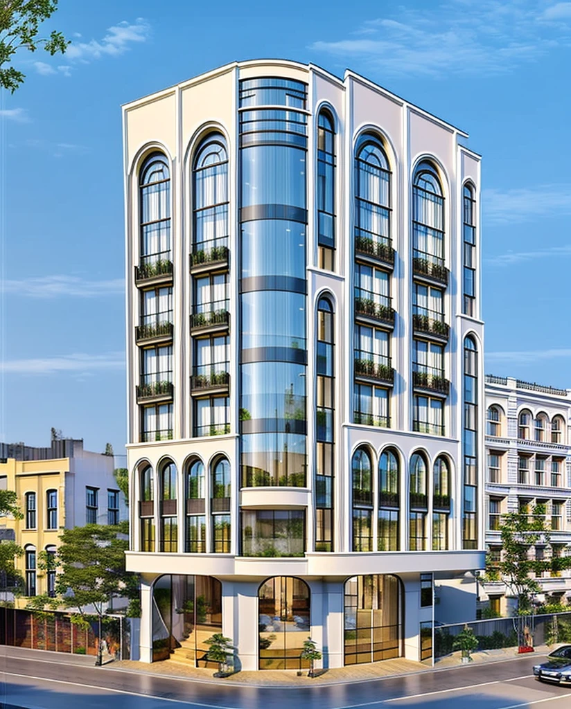 (masterpiece, best quality:1.2) Indochina building, (curved window), plants on company, building, exterior, architecture design, building in street