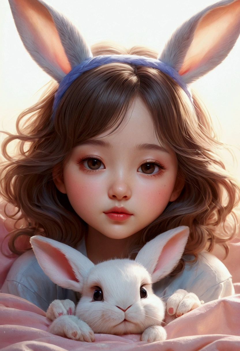 Beautiful little rabbit, Volumetric Light, Ultra-realistic, Intricate details, shape, Painting, watercolor, Cute Chibi, Sleep, close your eyes,ah!, Shallow depth of field, Pastel Color Palette, Soft lighting, minimum, Modern, Digital Painting, Lois van Baerle、Ross Tran、Art by artgerm, Artstation HQのトレンド, Very detailed