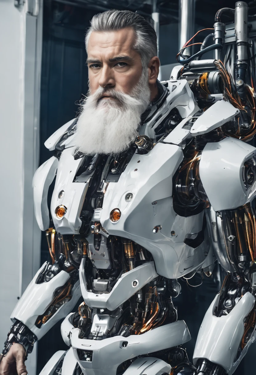 Image of a man with a strong robot body and a white beard