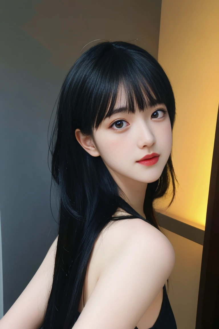 ulzzang-6500-v1.1,(raw photo:1.2),((photorealistic:1.30)), ((best quality)) ,((masterpiece)),((Ultra High Resolution)), ((Clear View)),,Ultra-high resolution,Clear face,（Reality：1.4) ,  illustration, an extremely delicate and beautiful, extremely detailed ,CG ,unity ,8k wallpaper, Amazing, finely detail, masterpiece,best quality,official art,extremely detailed CG unity 8k wallpaper,absurdres, incredibly absurdres, huge filesize, ultra-detailed, highres, extremely detailed,beautiful detailed girl, extremely detailed eyes and face, beautiful detailed eyes,light on face,cinematic lighting,1girl, 独奏, long hair, black hair, bangs, jewelry, Earring, (upper body),((looking at viewer:1.7)),indoors, room, Dress, (black dress), standing, blue eyes, Double eyelids, Blush, flushed cheeks,