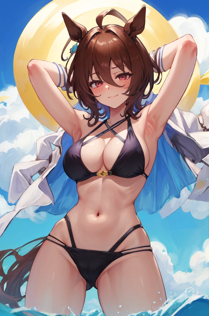 8K, high resolution, NSFW, from below, (gigantic breasts), smug face, huge pelves, inner flesh, agnes tachyon \(umamusume\), cross halter bikini, looking at viewer, 
, strong eyes, arms behind head, armpit, 