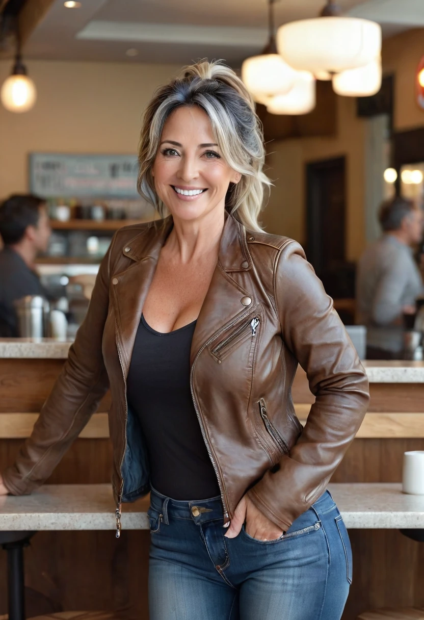 Mature woman of 45 years old full body with hair in a ponytail and dark layers falling on her face, medium size, beautiful face and perfect body, large and round sagging breasts, hands behind her head, smile, firm skin, standing in a cafeteria posing for a photo, she is wearing a brown leather jacket and a large neckline. beige jeans, (((view from behind looking at her buttocks))), Mature beauty that leaves you speechless, perfect face and body, attractive, beautiful hair, beautiful milf, lovely mature milf, beautiful 45 years old, beautiful hair milf dark with blue highlights at the tips, beautiful detailed body and face, a beautiful milf, background of a cafe in the city, golden hour in NY City