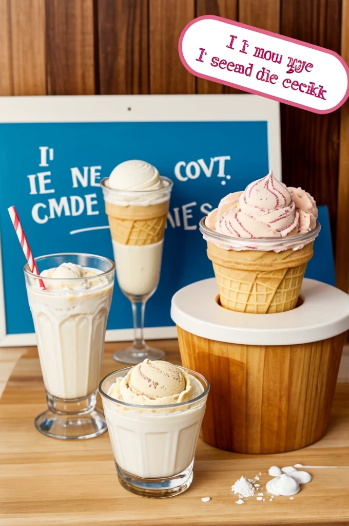 4. **Ice Cream Scene:**
- **The Scene:** A signature ice cream next to a large cup of sweetened milk.
- **Description:** A label with the signature recipe of the ice cream or the witty message “I'm not exactly sweet!” The text may contain