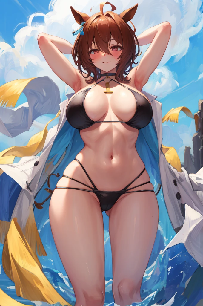 8K, high resolution, NSFW, from below, (gigantic breasts), smug face, huge pelves, inner flesh, agnes tachyon \(umamusume\), cross halter bikini, looking at viewer,
, strong eyes, arms behind head, armpit,