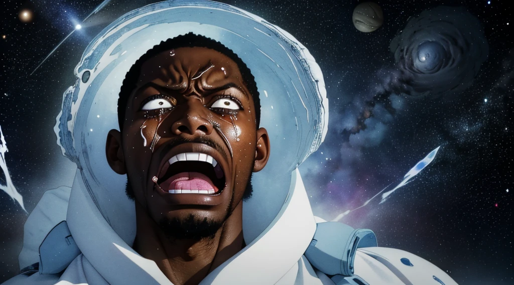 "A black man screaming in pain and suffering, with an expression of deep agony and despair. His face and body show an intensity of pain that seems to be the deepest in the entire universe., with tears in your eyes and tense muscles. The image should capture the exact moment when the pain reaches its peak, conveying a visceral and powerful sense of suffering."