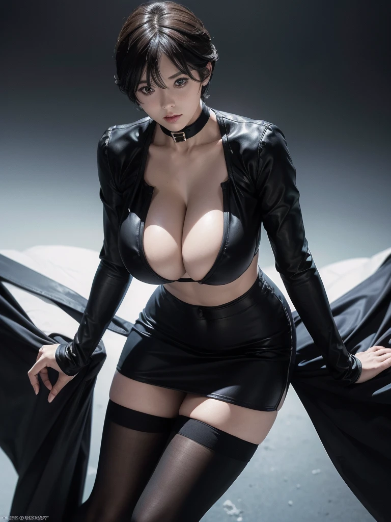 Very short hair, (masterpiece、Highest quality、Official Art), Neck up, View from the front, Looking at the audience:1.5, topless, Underless, White jacket:1.2, Black long boots, Black garter belt, (Black bondage suit:1.2), Black collar, Black choker, Glowing Skin, Realistic:1.9, Very detailed, Full Body Shot:1.2, Cleave, Belly button pussy, Expose the center of the body, High resolution, full color photos, High detail, Extremely realistic detail, Ultimate realistic texture, Ultimate in exquisite detail, Professional photos, Sexy portrait of a girl, Voluptuous bust, Tight waist, Cleavage, Trained abdominal muscles, Big Ass,Complete the whole body, Full body image, No underwear, Highest quality, ((background:city:1.4)), Suzune, Suzune's clothes