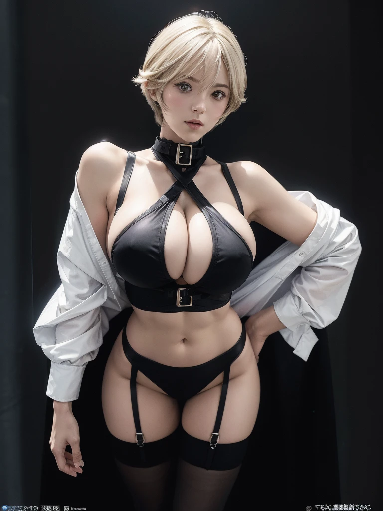 Very short hair, (masterpiece、Highest quality、Official Art), Neck up, View from the front, Looking at the audience:1.5, topless, Underless, White jacket:1.2, Black long boots, Black garter belt, (Black bondage suit:1.2), Black collar, Black choker, Glowing Skin, Realistic:1.9, Very detailed, Full Body Shot:1.2, Cleave, Belly button pussy, Expose the center of the body, High resolution, full color photos, High detail, Extremely realistic detail, Ultimate realistic texture, Ultimate in exquisite detail, Professional photos, Sexy portrait of a girl, Voluptuous bust, Tight waist, Cleavage, Trained abdominal muscles, Big Ass,Complete the whole body, Full body image, No underwear, Highest quality, ((background:city:1.4)), Suzune, Suzune's clothes