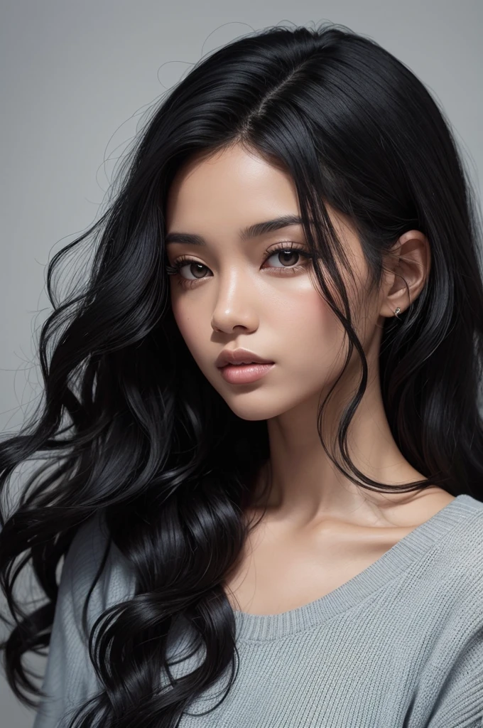 Woman with black features, wavy black hair. 