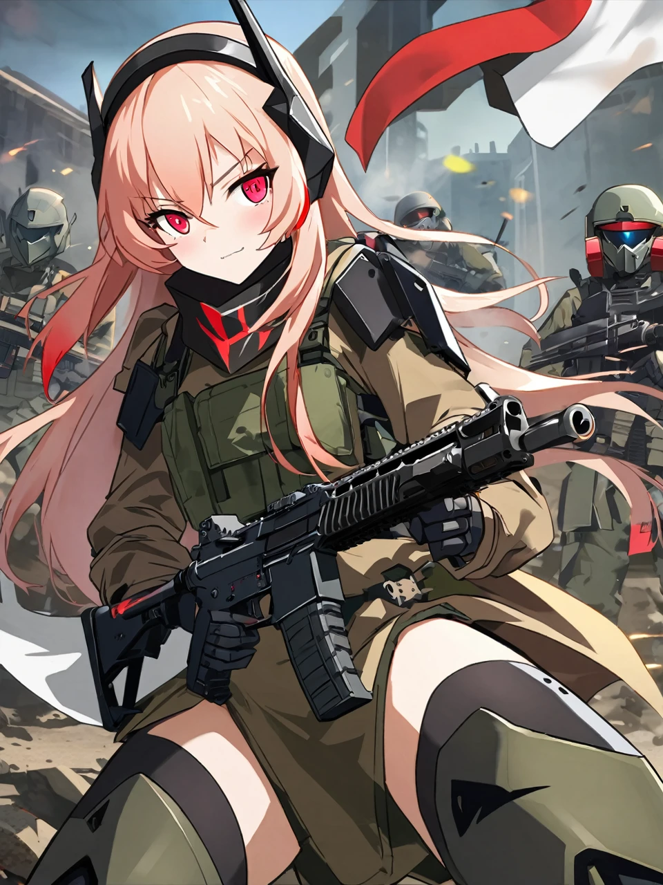 Anime girl with a gun and a helmet, m4 sopmod ii girls frontline, Bring rifle, From Girls Frontline, Anime machine gun shooting, Infantry Girl, mechanized Soldier Girl, Girl front style, Hold pdw, Badass Anime 8K, Kushat Kenzi, trigger anime art style, Armed at all points, Soldier Girl, carry pistol, I'll draw a fan too