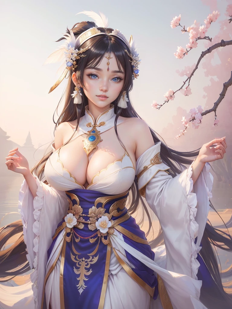 anime girl in a silver dress with a feather on her head, yun ling, inspired by Li Mei-shu, full body xianxia, highly detailed exquisite fanart, inspired by Pu Hua, inspired by Ju Lian, yang qi, lei min, Highly detailed CG unit 8k wallpaper, masterpiece, High resolution, highest quality, highest quality real texture skin, Super Real, Digital Painting, Best image quality, 最High resolution, 8k, ((Highly detailed eyes and face, Beautiful eyes every detail)), 1girl, Full Body Shot, Saggy breasts, Gravity-dependent breasts, long chest, Heavy chest, disproportionate breasts, huge breasts, sagging breasts, gigantic breasts, erect nipple, (cleavage cutout), smile, open your mouth,