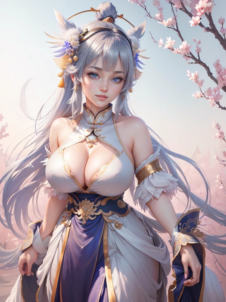 anime girl in a silver dress with a feather on her head, yun ling, inspired by Li Mei-shu, full body xianxia, highly detailed exquisite fanart, inspired by Pu Hua, inspired by Ju Lian, yang qi, lei min, Highly detailed CG unit 8k wallpaper, masterpiece, High resolution, highest quality, highest quality real texture skin, Super Real, Digital Painting, Best image quality, 最High resolution, 8k, ((Highly detailed eyes and face, Beautiful eyes every detail)), 1girl, Full Body Shot, Saggy breasts, Gravity-dependent breasts, long chest, Heavy chest, disproportionate breasts, huge breasts, sagging breasts, gigantic breasts, erect nipple, (cleavage cutout), smile, open your mouth, 