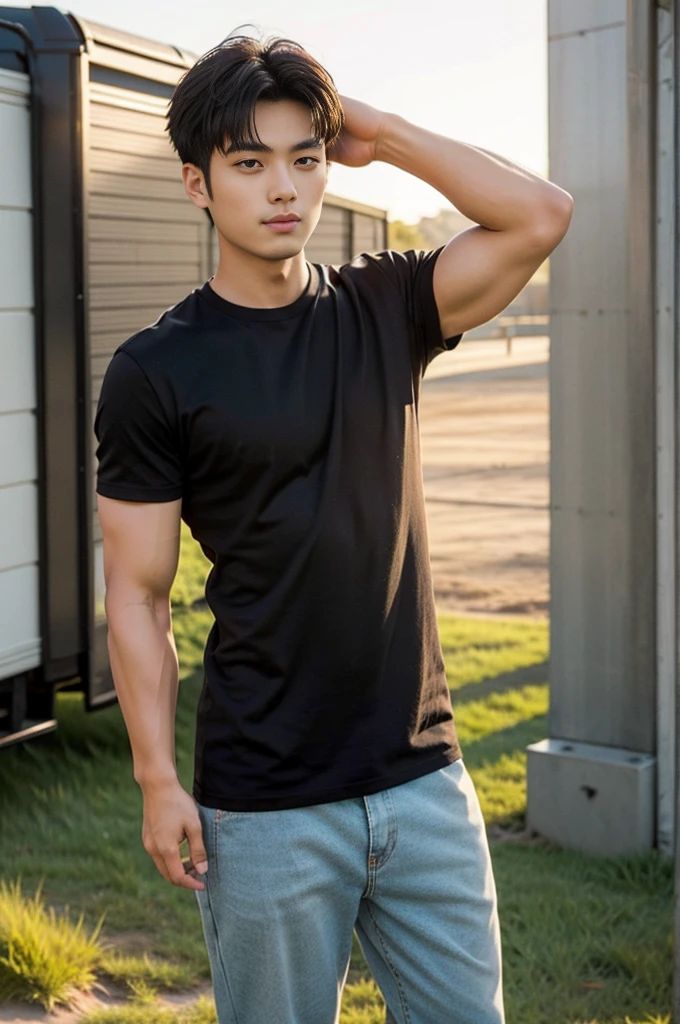A young Asian man stands, handsome, muscular, looking at the camera. In a simple black t-shirt, Fieldside, grass, beach, sunlight