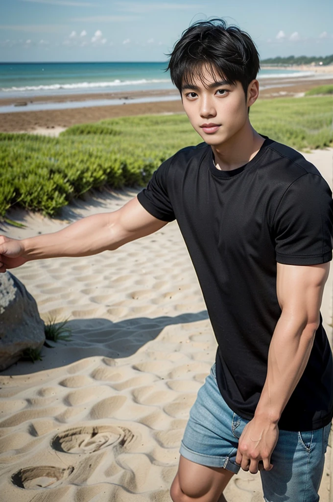 A young Asian man stands, handsome, muscular, looking at the camera. In a simple black t-shirt, Fieldside, grass, beach, sunlight