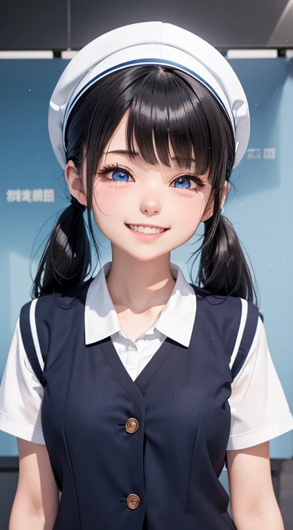 10th generation women, Twin tails black hair, blue eyes, White summer high school outfit, Navy blue school vest, Japanese High School Theme, Happy emotional mood, smile, cute, Portrait, 3d, anime, High resolutionR, High resolution, background, RTTX 10.0, 2k, masterpiece.