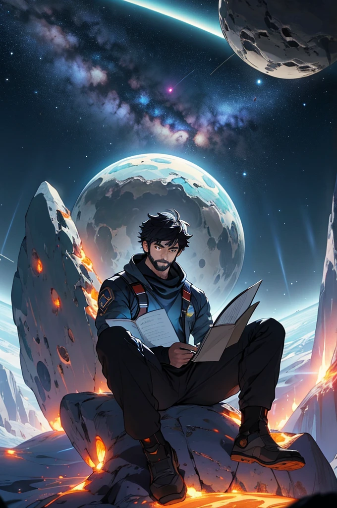 Draw a young programmer, sitting on a research platform floating in the middle of an asteroid belt. He is studying with a notebook, surrounded by several asteroids glowing with fiery auras. Dramatic lighting from distant stars and planets illuminates the scene, casting deep shadows on the suit. The young man looks confident and determined, looking at the vast and mysterious universe with wonder and respect,facial hair, cowboy shot,