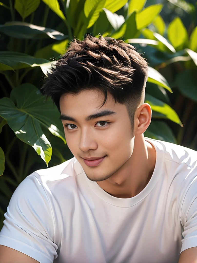 man , white t-shirt, black short hair , outdoor , cute smile , หน้าhandsomeแบบเกาหลีสมจริง , modest muscles , Masterpiece、High resolution、Surreal、detailed face、alone、man、Glowing skin、(Asia)、handsome、Detailed background