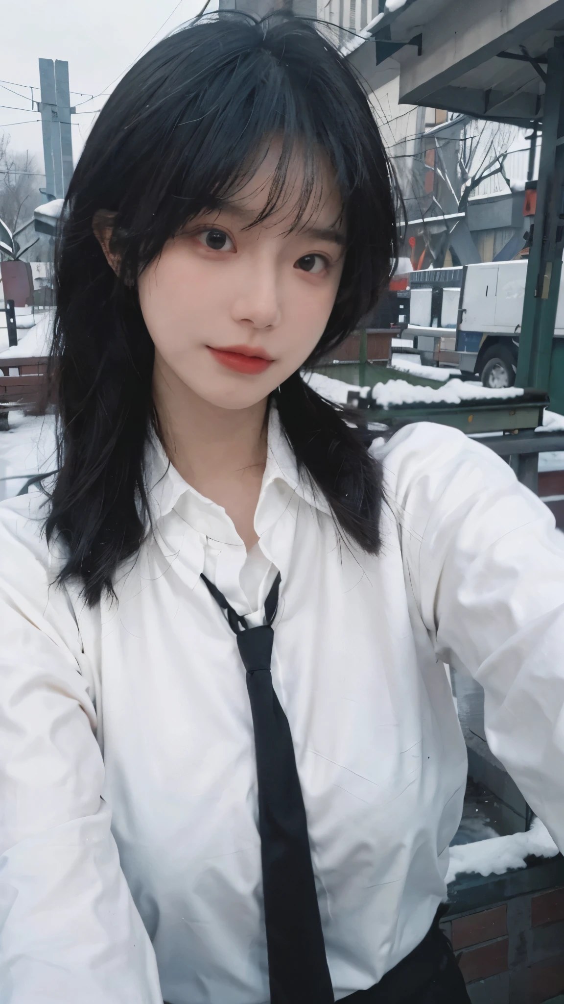 Best quality，masterpiece，Ultra-high resolution，snow，16K,Snow background，（Photo Realism：1.4),1 Girl，JK，Sexy，（Shirt and Tie：1.2),（Big breasts：1.3),（Upper body：1.4)