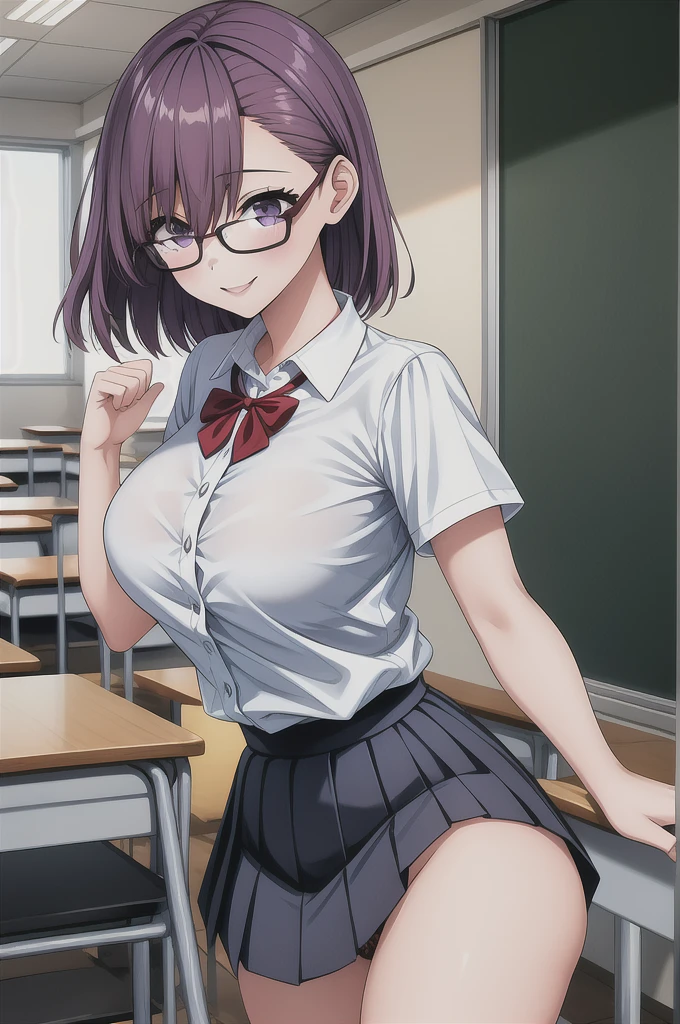 1girl, cowboy shot, classroom, smile, glasses, 
nitengojigen_ririsa, purple eyes, purple hair, short hair, bangs, lace underwear, short sleeves, Show your breasts,sex, pleated skirt, best quality, masterpiece, highres, 