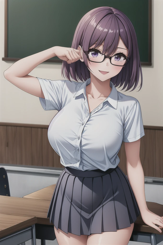 1girl, cowboy shot, classroom, smile, glasses, 
nitengojigen_ririsa, purple eyes, purple hair, short hair, bangs, lace underwear, short sleeves, Show your breasts,sex, pleated skirt, best quality, masterpiece, highres, 