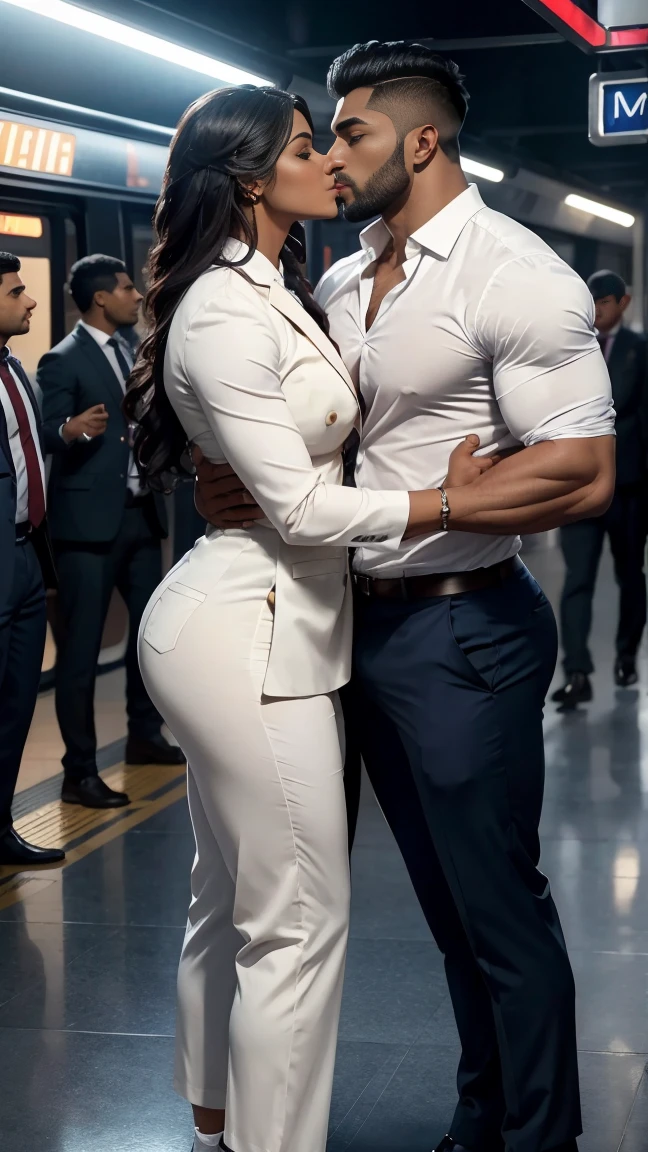 8k，8K resolution, two beautiful Muscular indian in one photo, two handsome man mouth to mouth kissing on metro station, outdoor, charming eyes，blue eyes，dark skin,beautiful, smooth and shiny，Full pectoral muscles，Thick body hair, full nude body，best quality，professional lighting，Professional photography，Realistic photos，realistic model，realistic art, in white formal shirt, formal navy pant, huge bulge, formal brown shoes, white socks, doing mouth to mouth kissing on metro station, seductive kissing, exotic, erotic, realistic, While kissing, he lifted the man in his arms