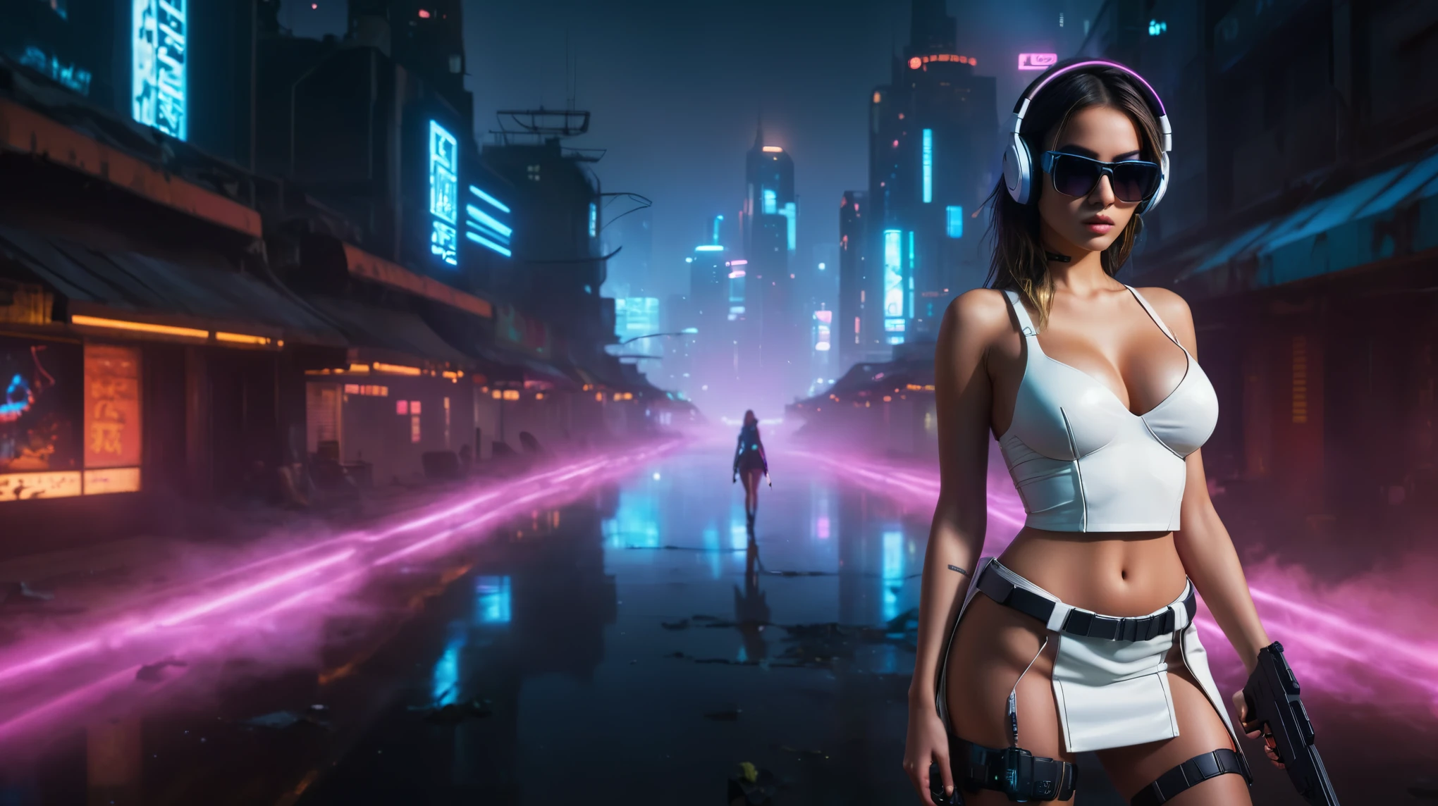dark futuristic landscape, at night, neon lights, Atmospheric fog, large buildings in the background, futuristic city, streets with open shops, skyscraper (postapocalyptic city:1.3). (((1girl, solo, alone))), large-breast:1.2 slim body, cleavage:1.1, sexy miniskirt, (((headphone, black sunglasses, standing and holding pistol pose))), (((half-body thigh level medium shot))), cinematic lighting, lens flare, ray tracing.