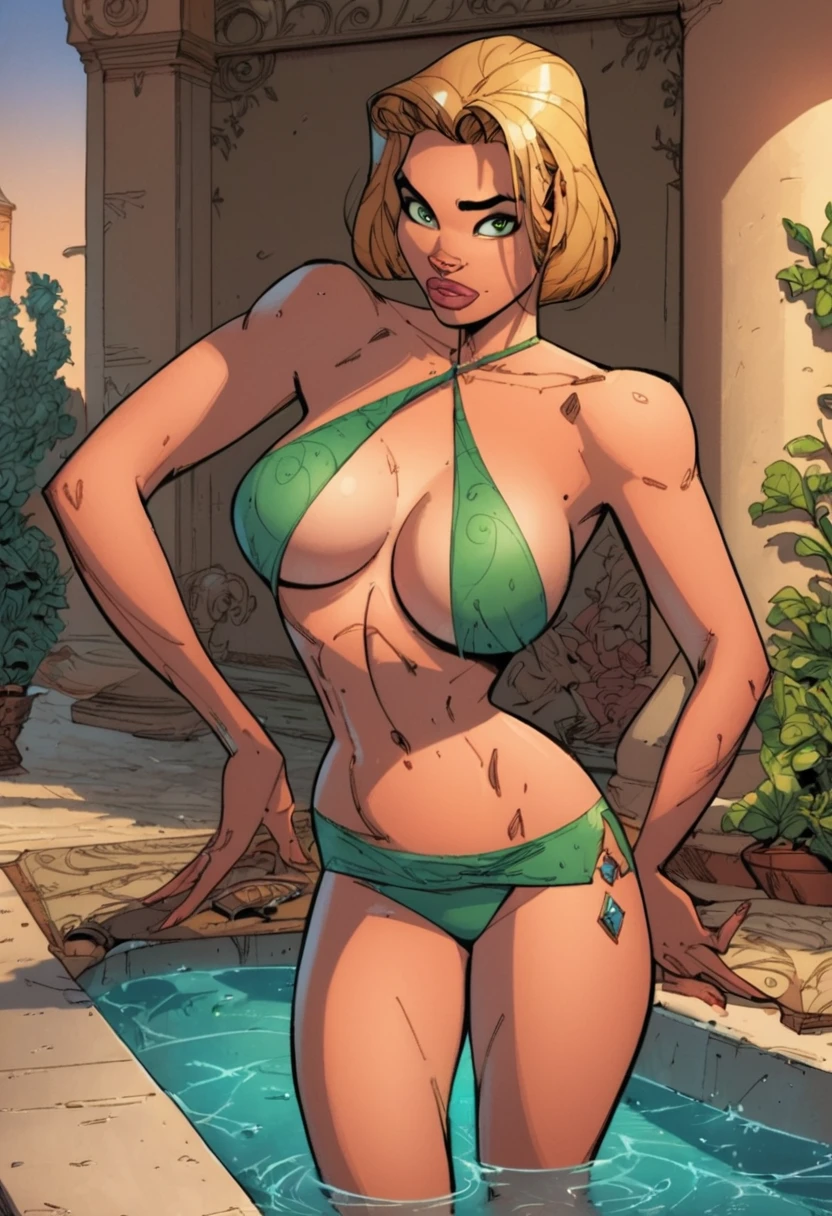 score_9, score_8_up, score_7_up,score_6_up, score_5_up, score_4_up, source_comic, detailed soft lighting, 1girl, solo, large breasts, (AchaseDG, hort hair, blonde hair, green eyes:1.1), green bikini, high heel sandals, resort pool, outdoors, standing, (masterpiece, best quality, highly detailed, beautiful).