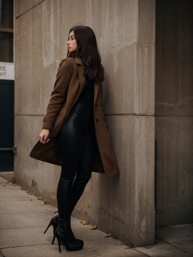 girl in profile in a brown long coat, black leggings and black high heels