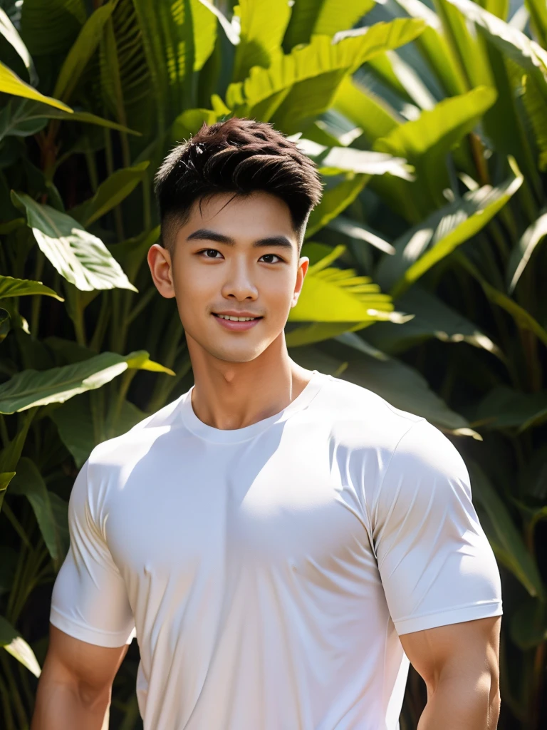 man , white t-shirt, black short hair , outdoor , cute smile , หน้าhandsomeแบบเกาหลีสมจริง , modest muscles , Masterpiece、High resolution、Surreal、detailed face、alone、man、Glowing skin、(Asia)、handsome、Detailed background