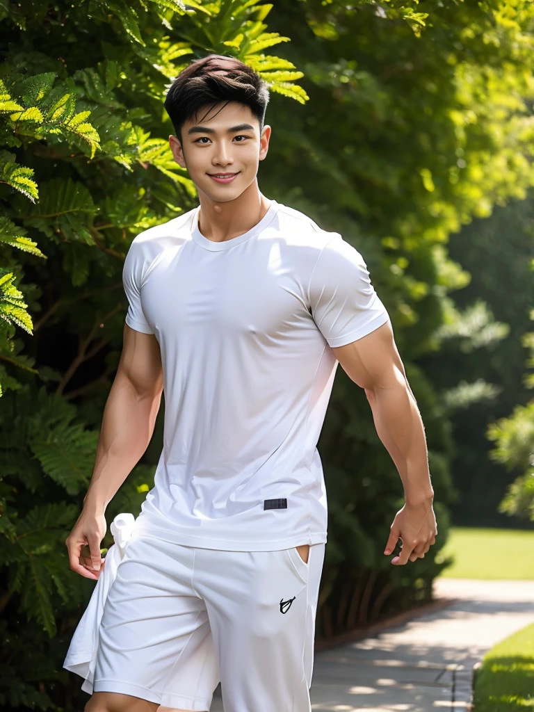 man , white t-shirt, black short hair , outdoor , cute smile , หน้าhandsomeแบบเกาหลีสมจริง , modest muscles , Masterpiece、High resolution、Surreal、detailed face、alone、man、Glowing skin、(Asia)、handsome、Detailed background