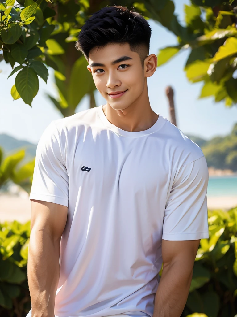 man , white t-shirt, black short hair , outdoor , cute smile , หน้าhandsomeแบบเกาหลีสมจริง , modest muscles , Masterpiece、High resolution、Surreal、detailed face、alone、man、Glowing skin、(Asia)、handsome、Detailed background