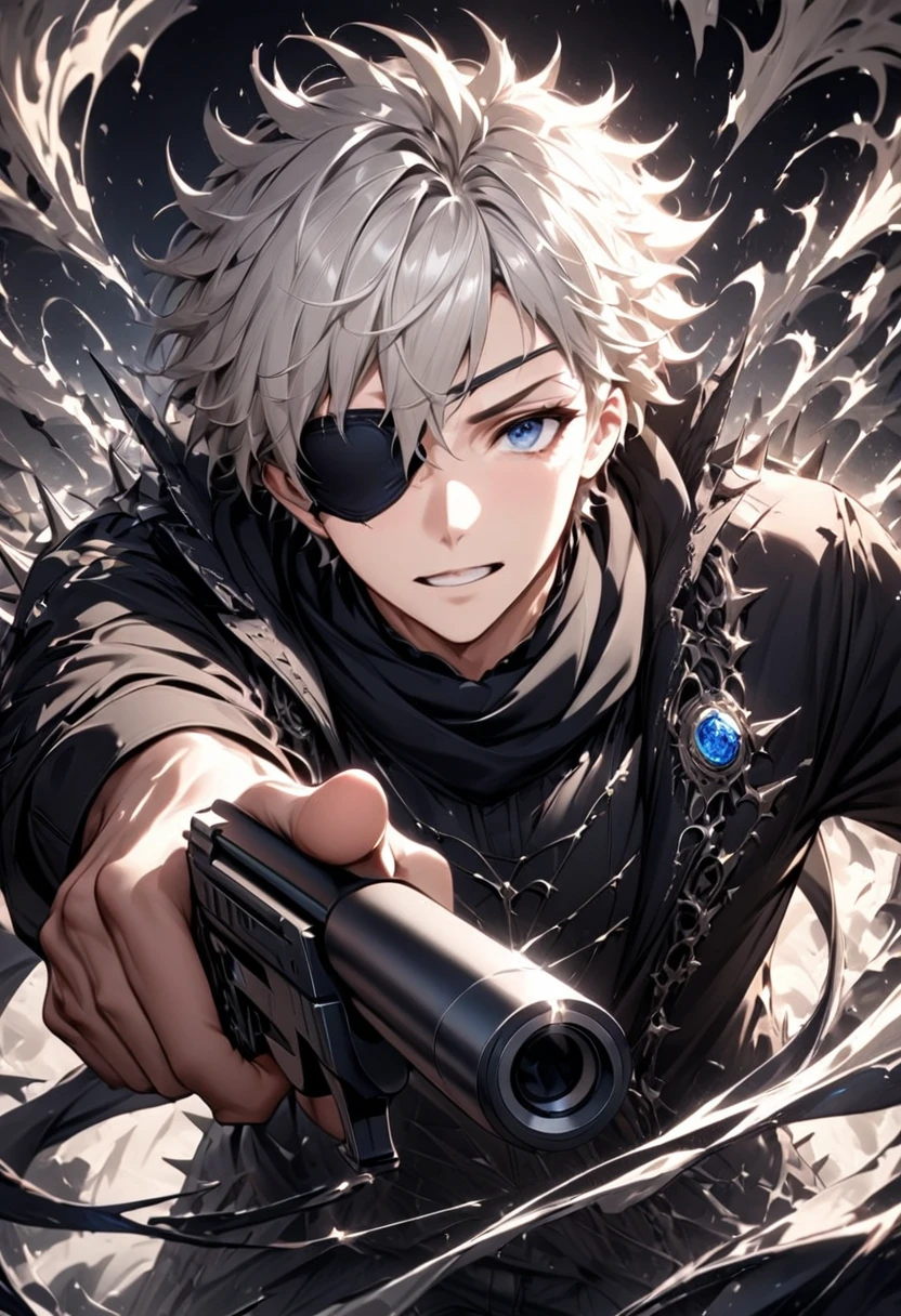 
     A boy wearing a black shirt wears a black eyepatch for one eye、scarf, gray hair, Close-up high dynamic range of man with spiky hair and white hair pointing gun forward dynamic sniper ( perfect anatomy ) Aim forward and emit bright light

            
                 ( Perfect anatomical structure ) Handsome black jacket blue silver shiny swirling high dynamic vortex around man, Vortex Dynamic Masterpiece Perfect Composition Intricate Details Meticulous Digital Art 